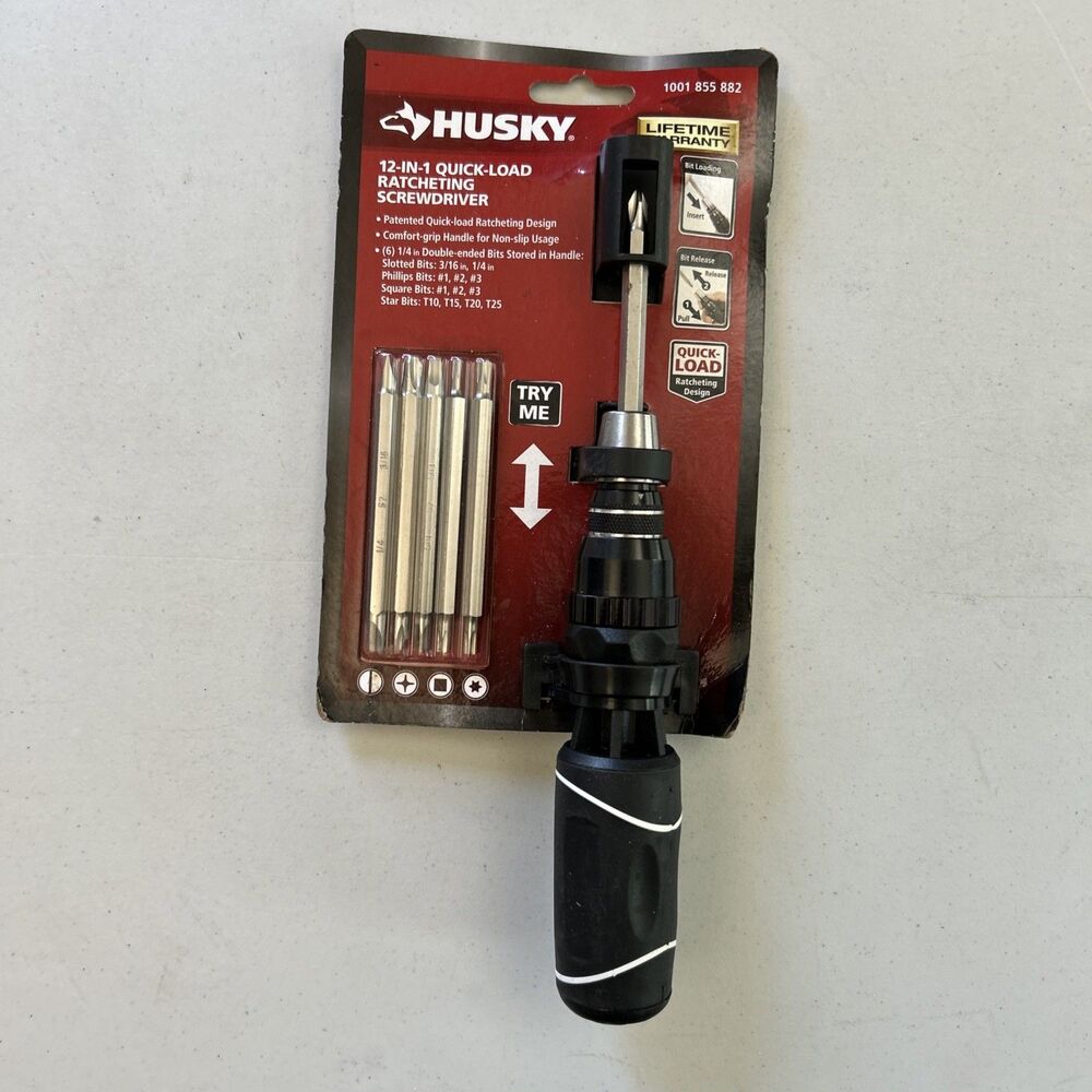 Husky 12 in 1 Quick Load Ratcheting Screwdriver w/ 10 Bits Philips Square Star